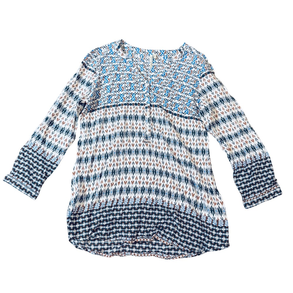 NWOT Grand & Greene Size Small Long Sleeve‎ Blue Bohemian Blouse Button Front